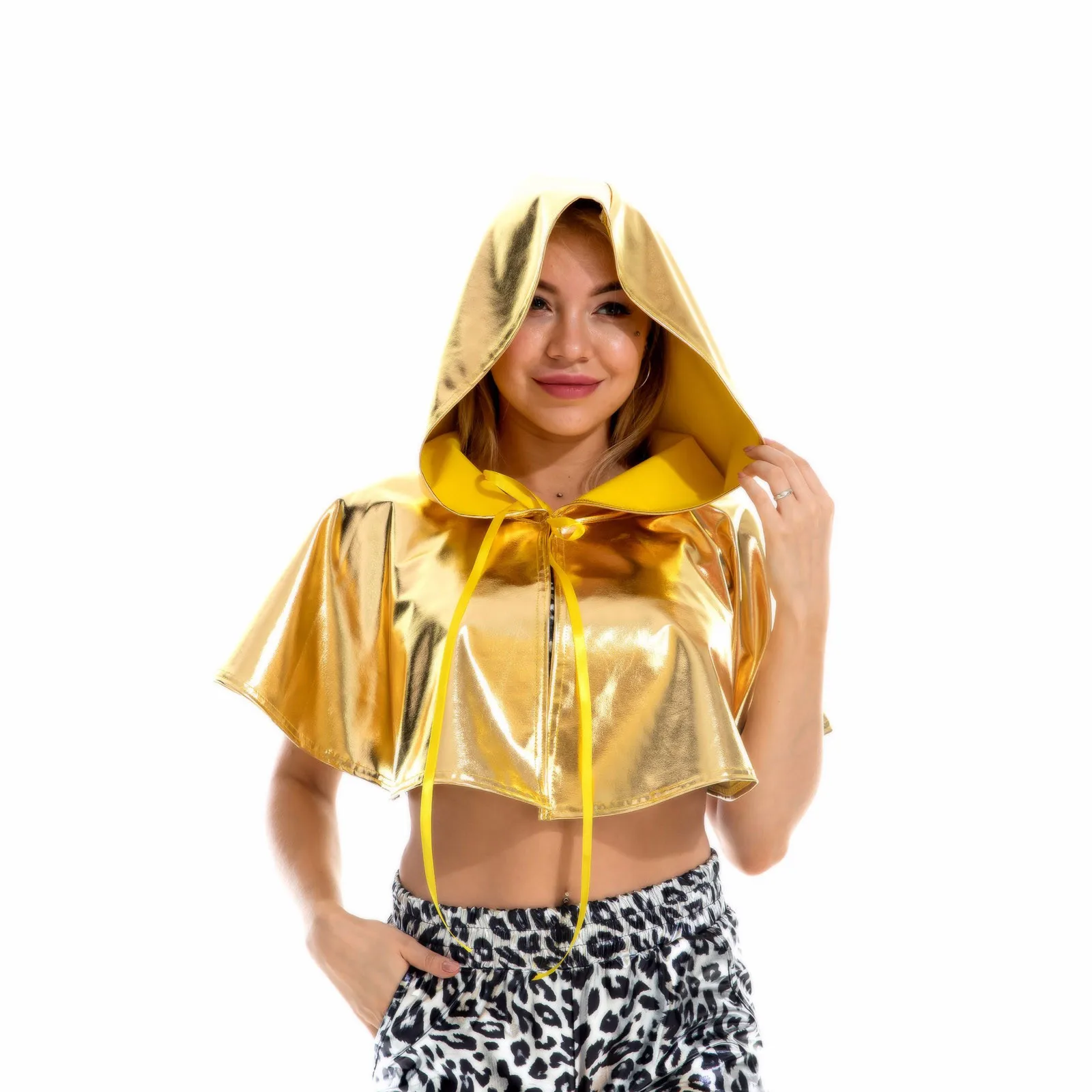 

Halloween Cloak Crop Tops Women's Metallic Witch Cloak Hooded Glitter Halloween Vampire Costume Hooded Medieval Costume Coats