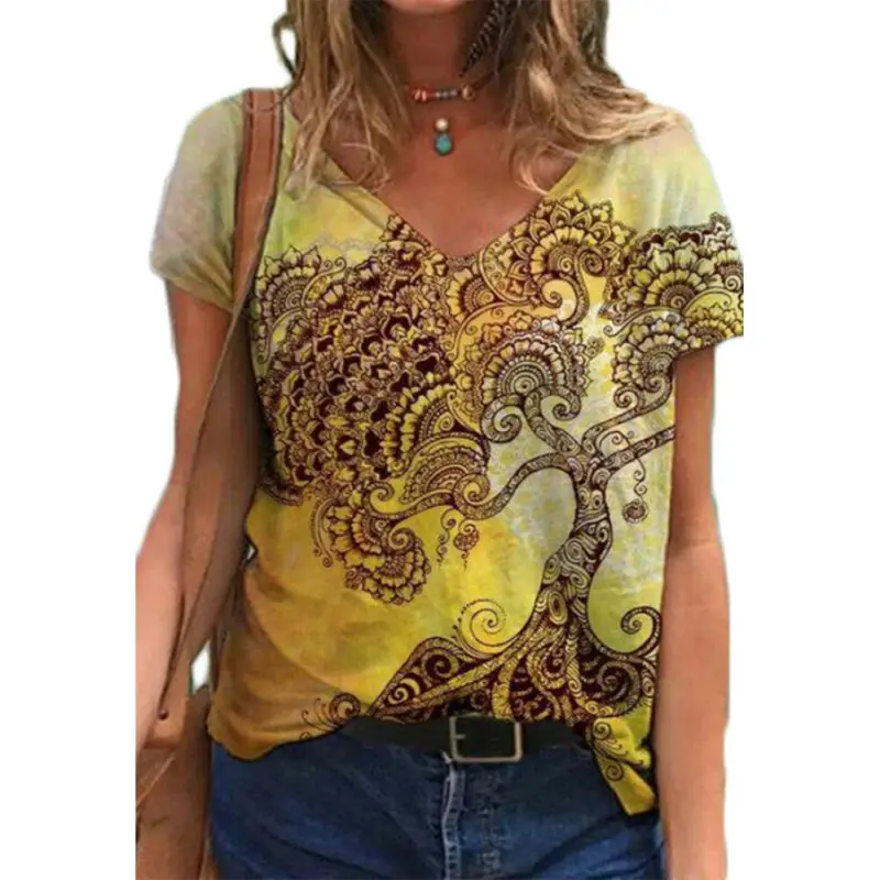 

Women's t Shirt Retrop Print Ladies Top Short Sleeve V Neck T-Shirt Women Clothing Pullover Basic Tops Female