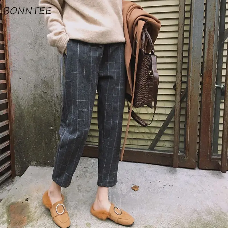 

Брюки женские универсальные с эластичным поясом, модные Свободные повседневные клетчатые брюки в Корейском стиле, в стиле ретро, с карманам...