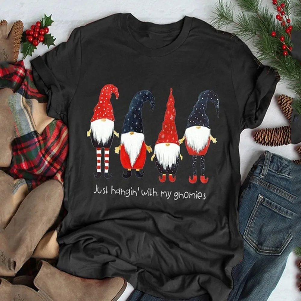 

Christmas Hot Selling Blouses Santa Pattern Print Round Neck Short Sleeve Ladies T-shirt