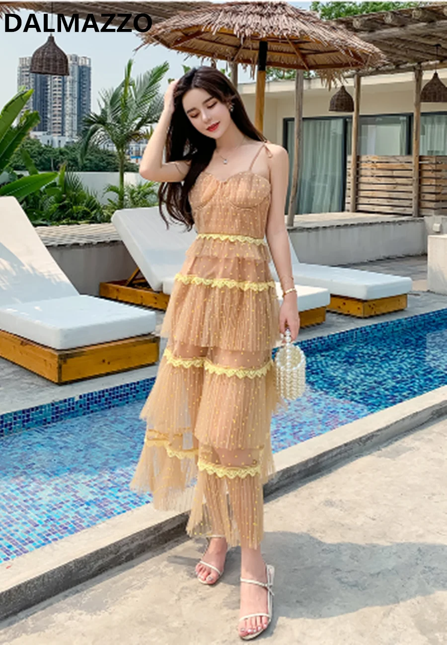 Женское Сетчатое платье в горошек кружевное подиумное без бретелек на бретелях