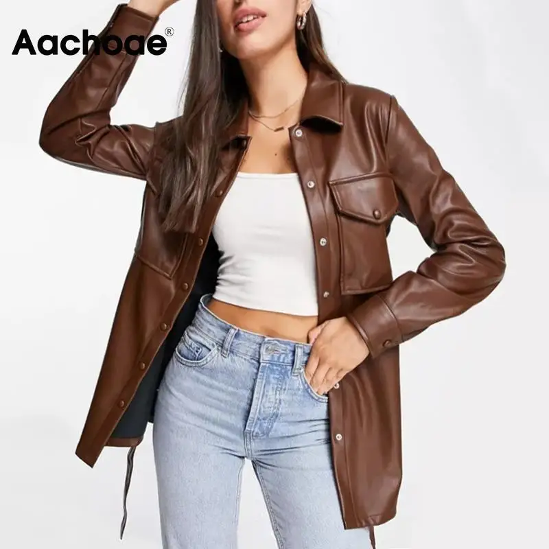 

Блузка женская однотонная из искусственной кожи с поясом и отложным воротником