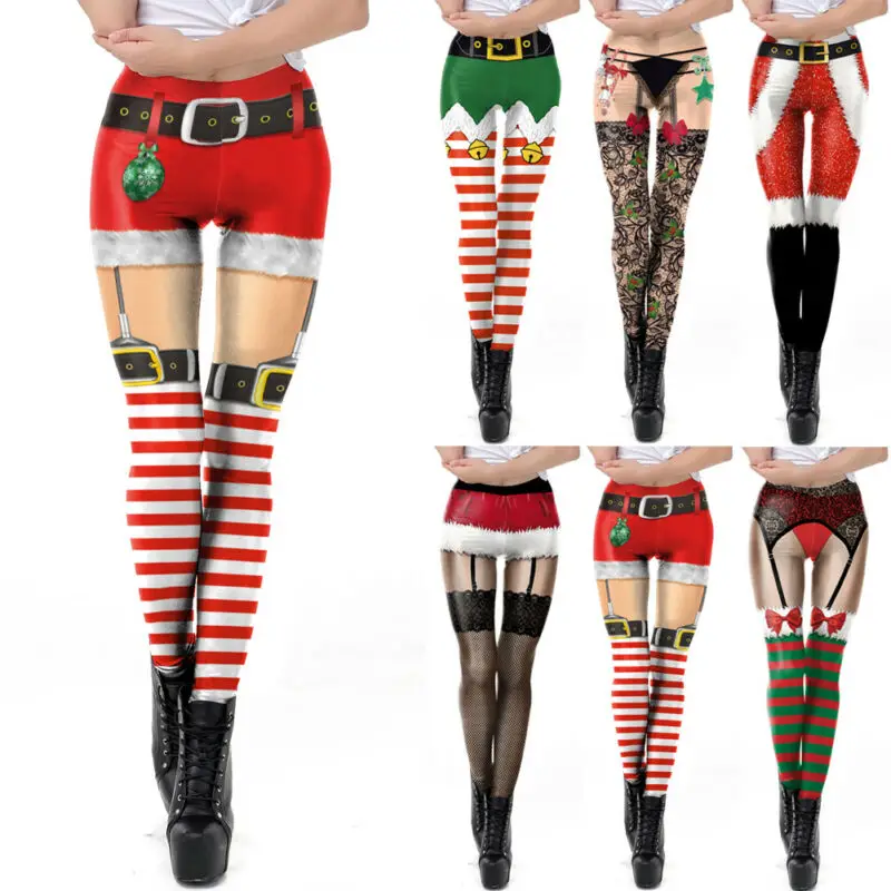 Женские рождественские леггинсы эластичные штаны в полоску с высокой талией и