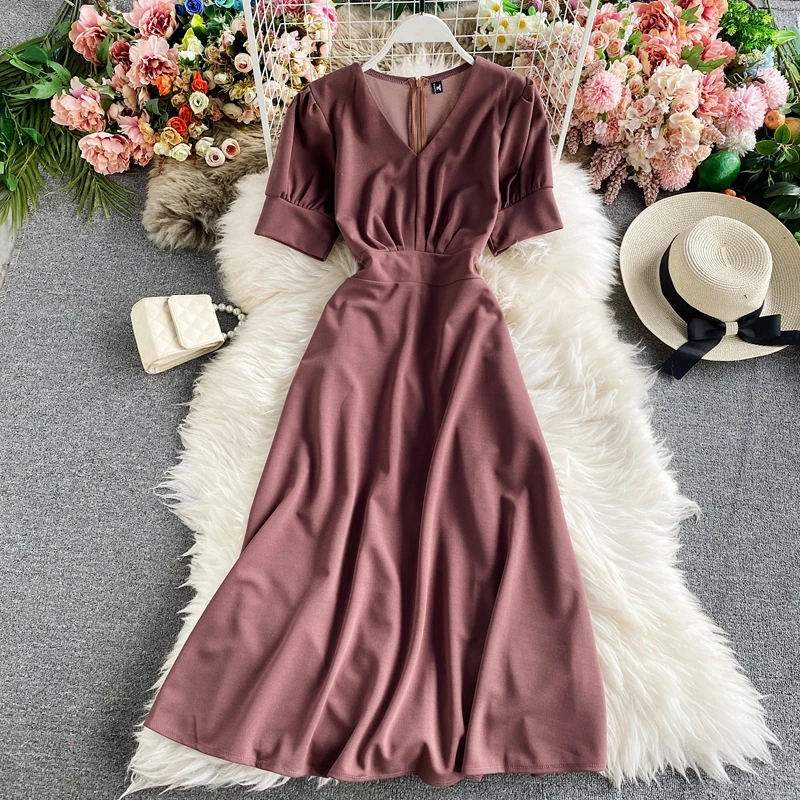 

2021 Women's Summer Solid Color Slim Midi Retro Dress Female New Fashion Elegant V-neck Lace-up Waist Puff Sleeve Draped Dress