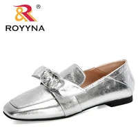 royyna 2020 new designers flat shoes square toe pumps women metal color leather soft sole slip on leisure casual work shoes lady
