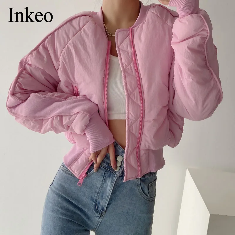 

puffer jacket bomber jacket short coat zip pockets padded outerwear 2021 winter thick woman solid ruched patchwork INKEO 1O040