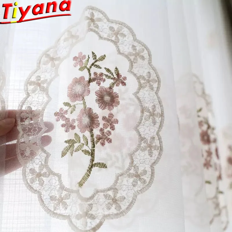 

Pink Flower Embroidery Tulle Curtains for Living Room European Ladies Yarn Fresh White Tulle Voile Round Flower Tulle zss0032#40