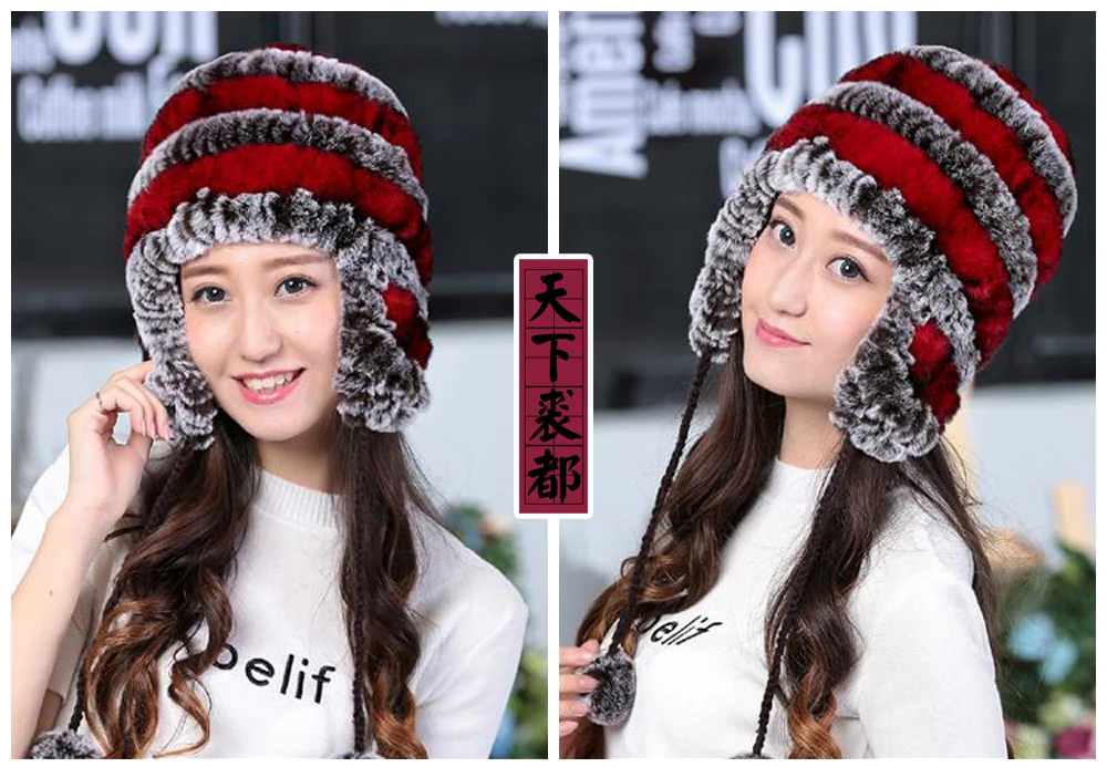 Lady Real Fur Earflap Hats Women Natural Rex Rabbit Fur Beanies Cap Russian Winter Warm Genuine Fur Hat Wholesale