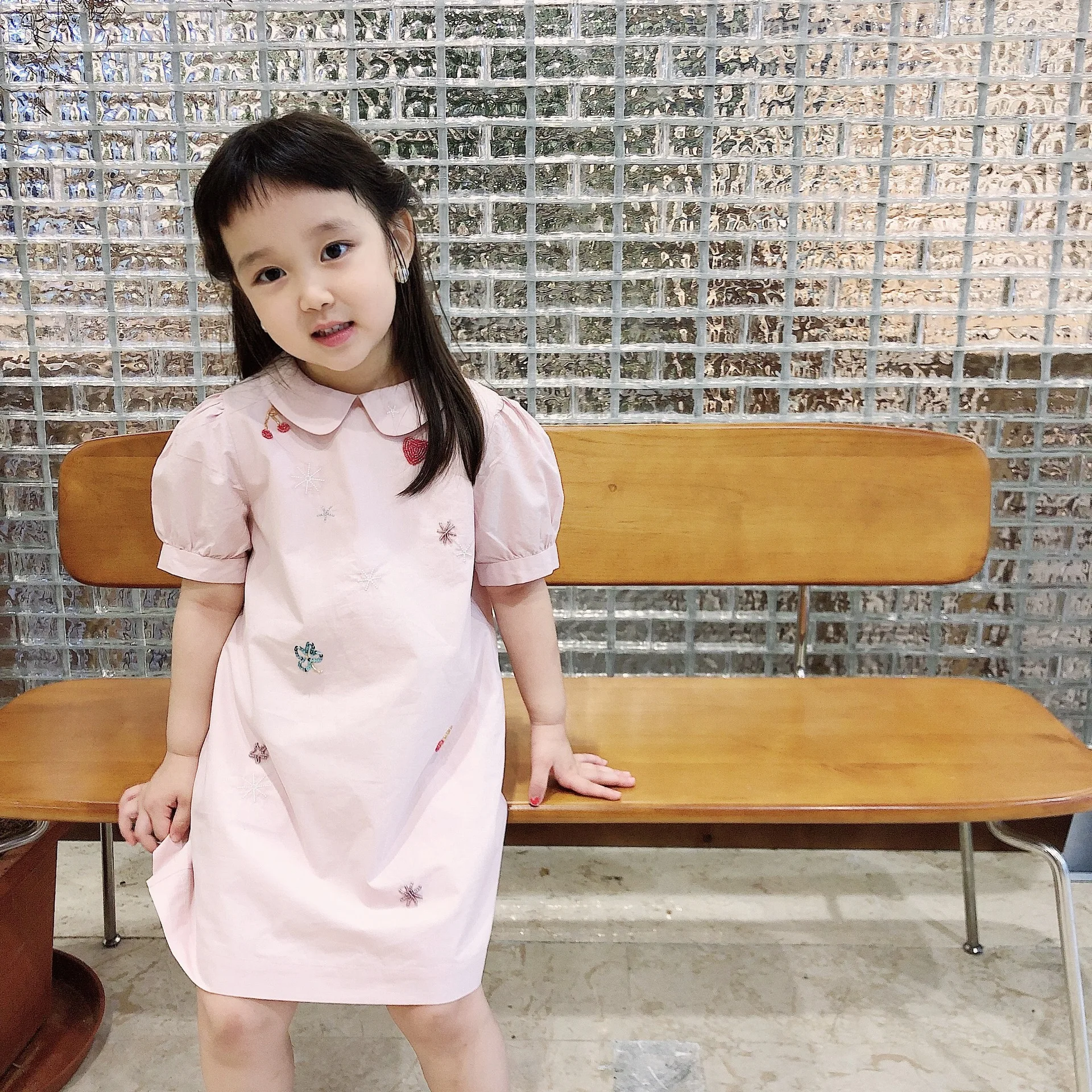 

summer kids dress baby girls clothes Pink Sweet Short Sleeve Dress Cherry & Love Beaded High Quality Dress
