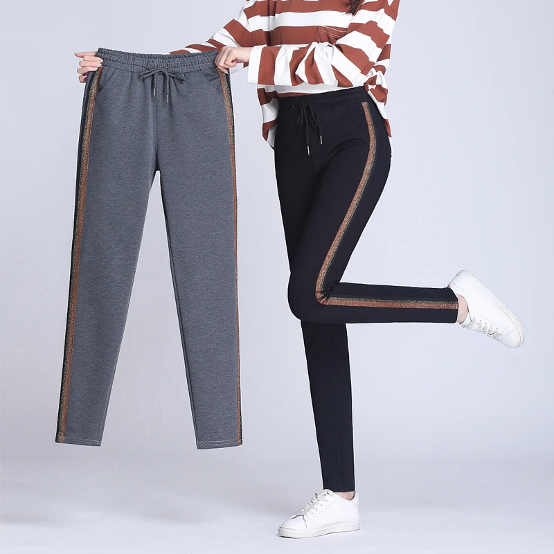 Брюки-султанки женские в полоску по бокам Повседневные Дышащие Брюки-карандаш с