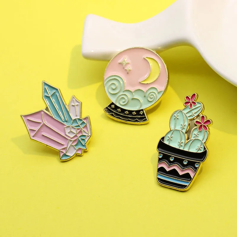 Cactus Succulent plants Enamel Brooch stars moon auspicious clouds Glass ball Lapel Pin Pink blue crystal badge Gifts | Украшения и