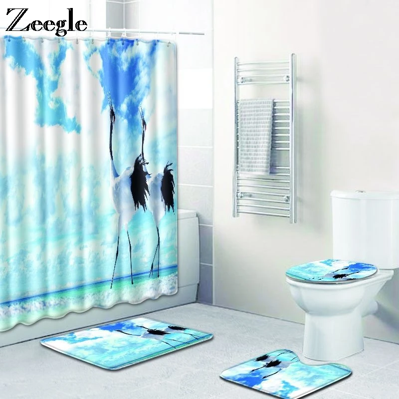 

Zeegle Bath Mat Set with Shower Curtain Pedestal Rug Lid Toilet Cover Anti Slip Toilet Floor Carpet Bathroom Curtain with Hooks