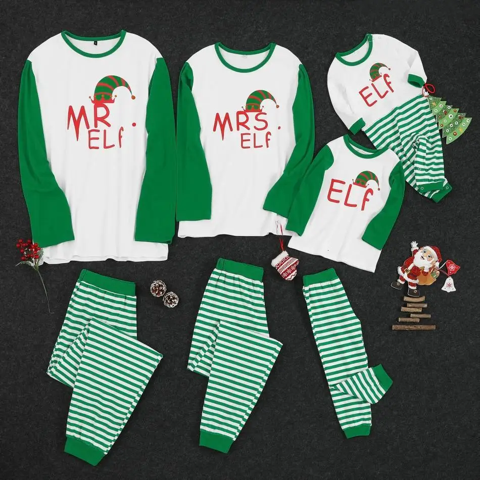white Two Pieces Family Couple Wear Home Service Pajamas Set Christmas Letter Print Striped Parent-child T-shirt Elastic Waist Pants L - Цвет: white
