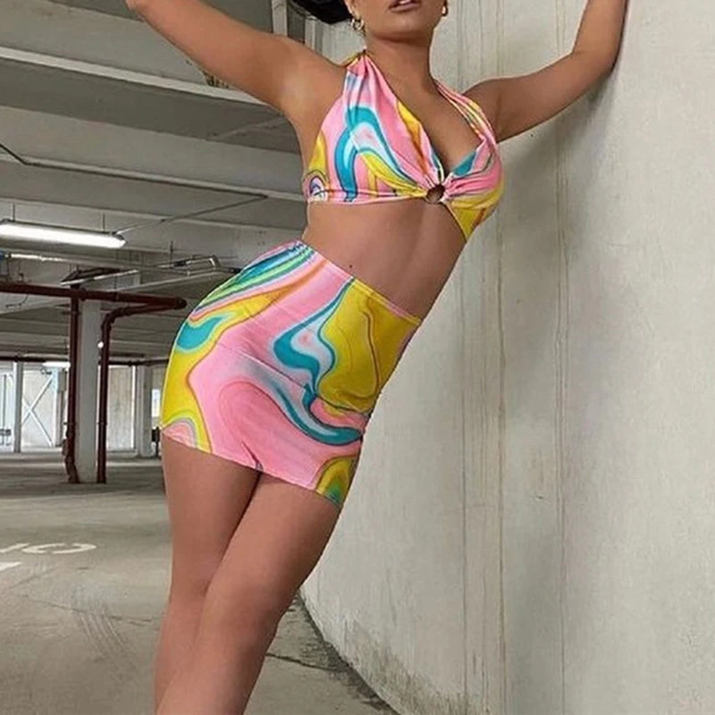 

Summer Sexy Halter Print Skirt Low Cut Buttocks Slim Split Pencil Dress Sets For Womens V Neck Drawstring Sleeveless Backless