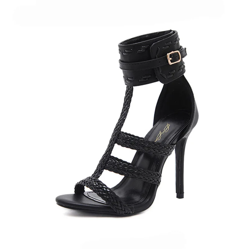 

Summer New sandals Women Black PU Leather T-strap Braided Belt Buckle Stiletto High Heeled Sandals Shoes Lady