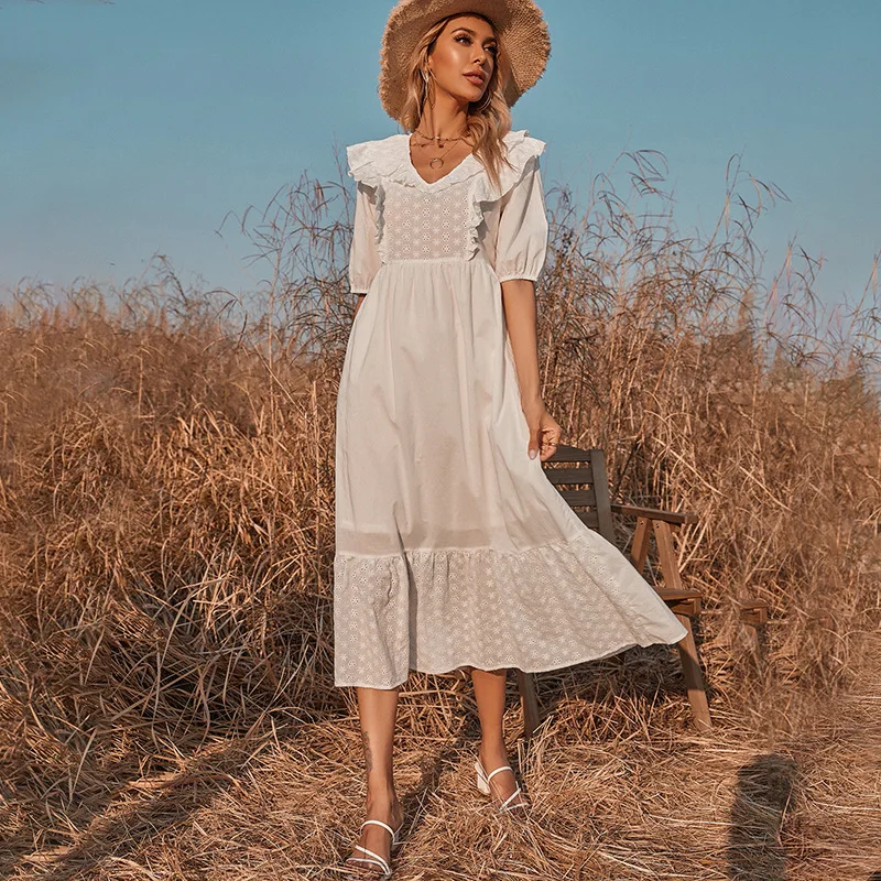 

Loose casual sweet long dress French white vestidos waist one-piece chiffon women dress