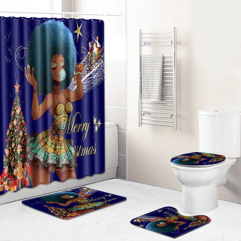 

Zeegle African Woman Shower Curtain Toilet Cover Seat Mat 4pcs Bath Mat Set Soft Absorbent Toilet Pedestal Rug Bathroom Doormat