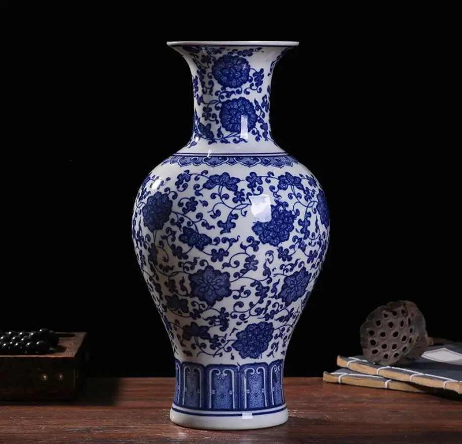 Керамическая ваза в китайском стиле сине белая фарфоровая антикварная для