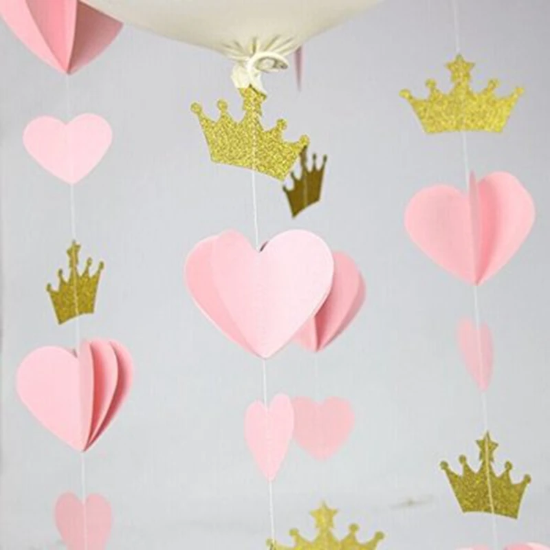 3D Золотой розовый сердце Корона бумага Гарланд принцесса флаги с днем рождения