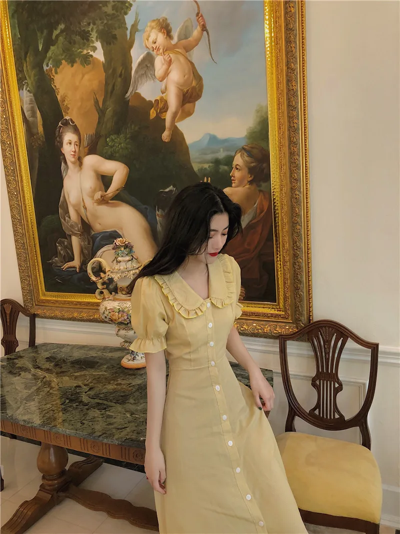 Летнее женское платье в Корейском стиле милое с короткими рукавами и воротником