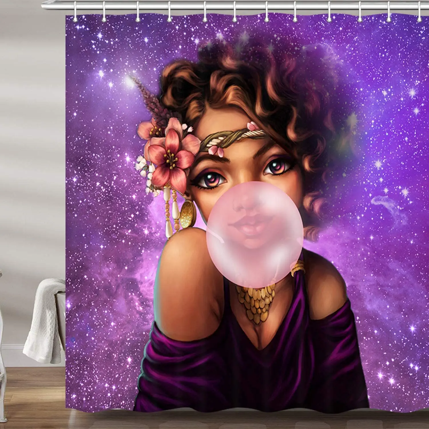 African Girl American Afro Black Woman Gum in Purple Galaxy Bath Curtains