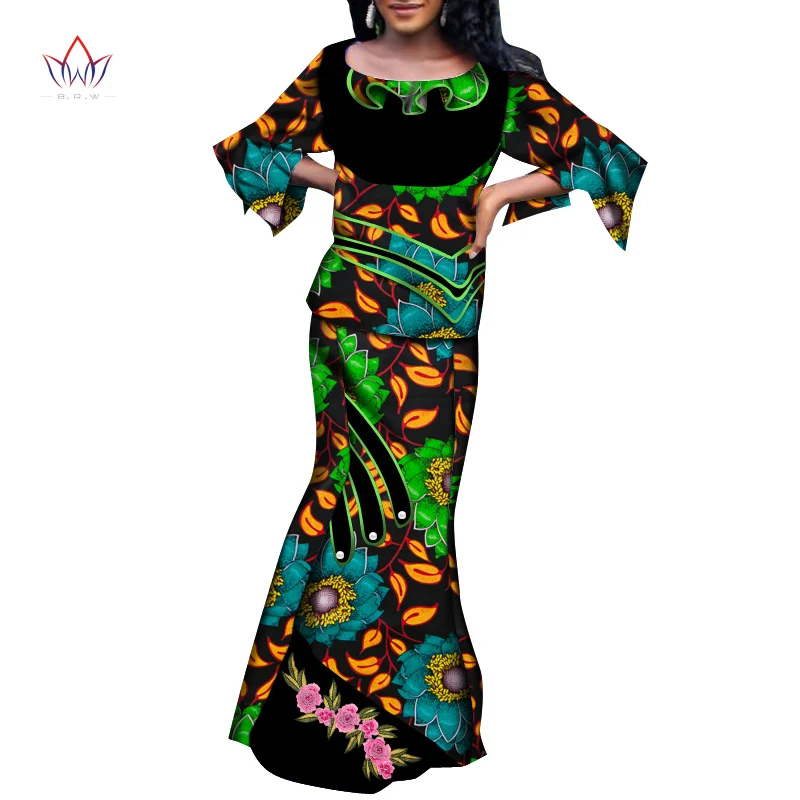 2 Piece Women Set Dashiki African Short Sleeve Two Piece Set Crop Top Suit long Skirt Print V-neck Outfit Africa Clothing WY6677
