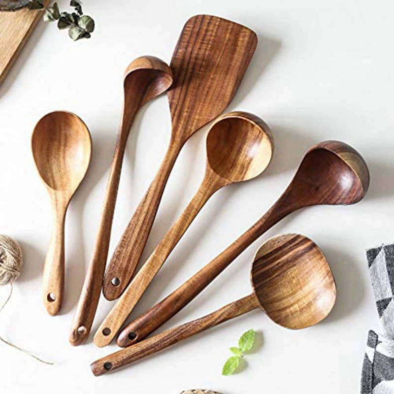 

6 Pcs Wooden Spatula Soup Ladle Set,Wood Long Handle Non-Stick Kitchen Cooking Utensil,Mixing Ladle Spoon Cooking Spoon