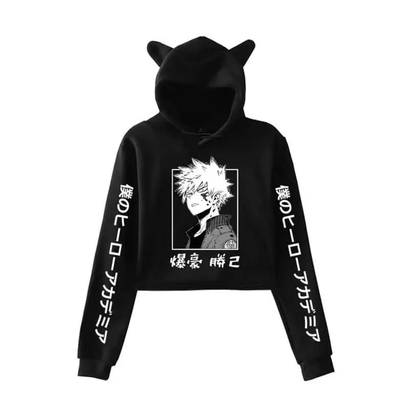 

Cropped Hoodie Anime My Hero Academia Bakugou Katsuki Printed Pullover Women's Personality Hooded Sweatshirt Crop Tops