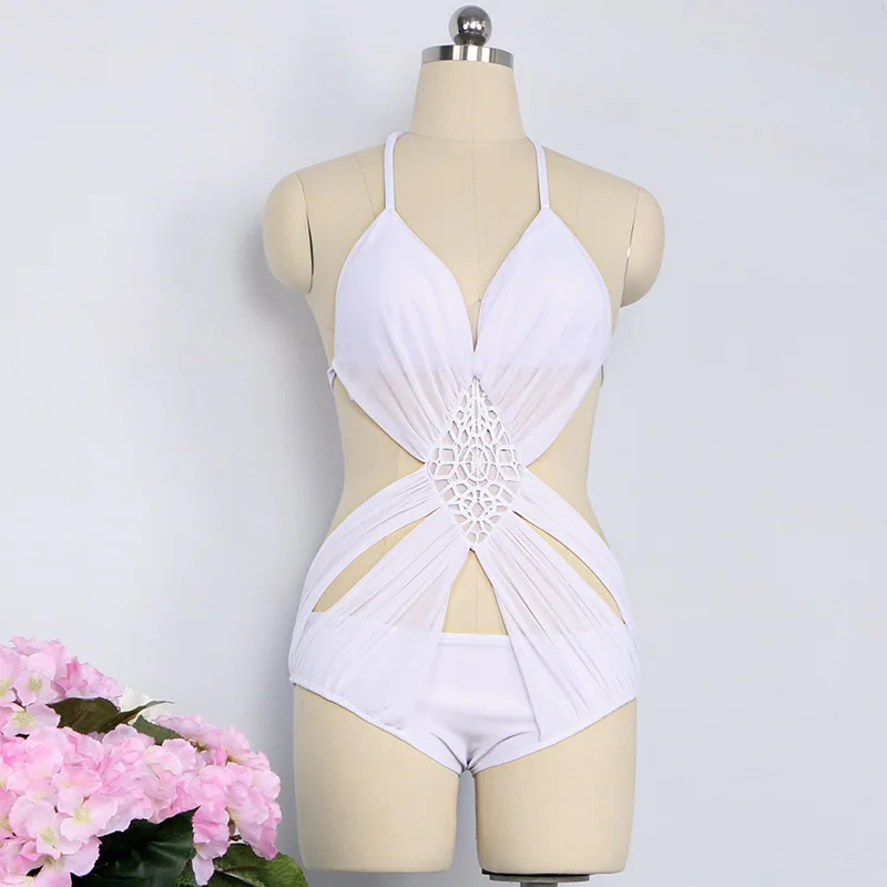 

Women Swimsuit Hollow Lace Fashion Knot Front Crop Off-Shoulder Sexy One-piece Bathing Suit