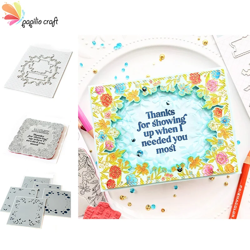 

Happy Blooms Cutting Dies & Stamps & Stencil Scrapbook Diary Decoration Stencil Embossing Template DIY Greeting Card Handmade