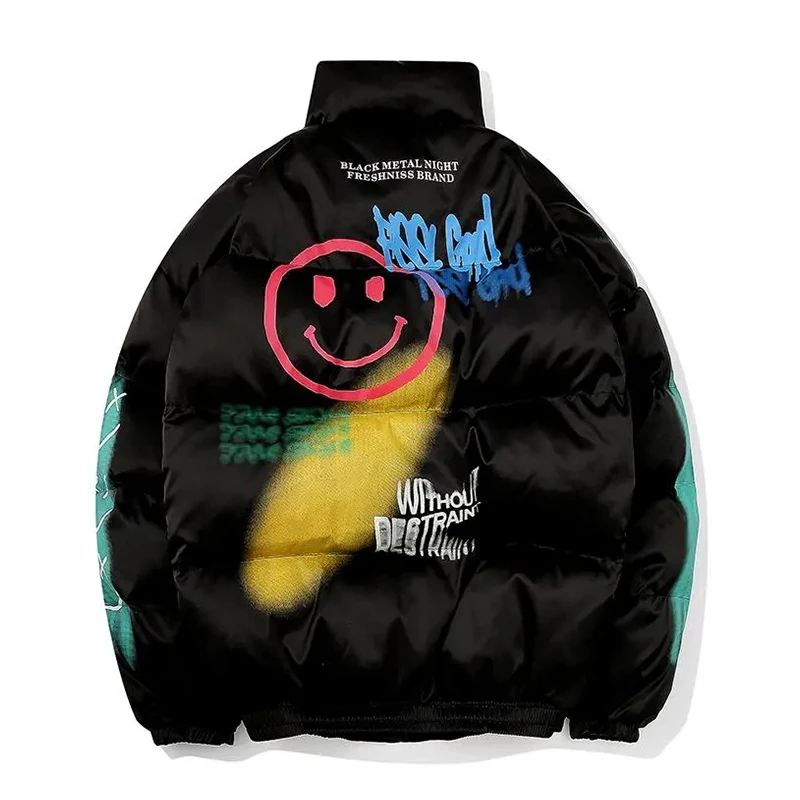 Hip Hop Happy Graffiti Print Bubble Parkas Men Harajuku Windbreaker Streetwear Jacket Winter Oversized Jacket Coats Warm Outwear