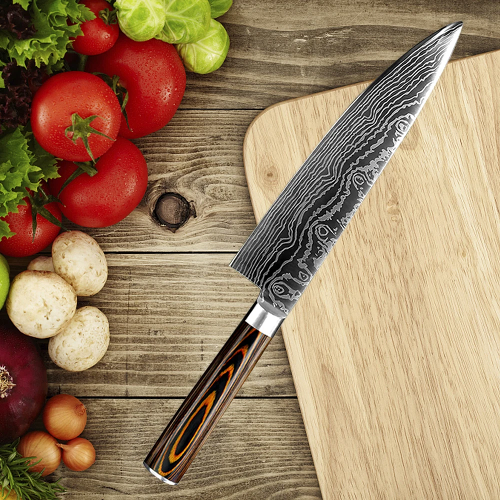 

8"Inch Kitchen Knife Damascus Pattern Laser Knife Stainless Steel Kitchen Knives Cleaver Slicing Chef Knife Knives For Kitchen