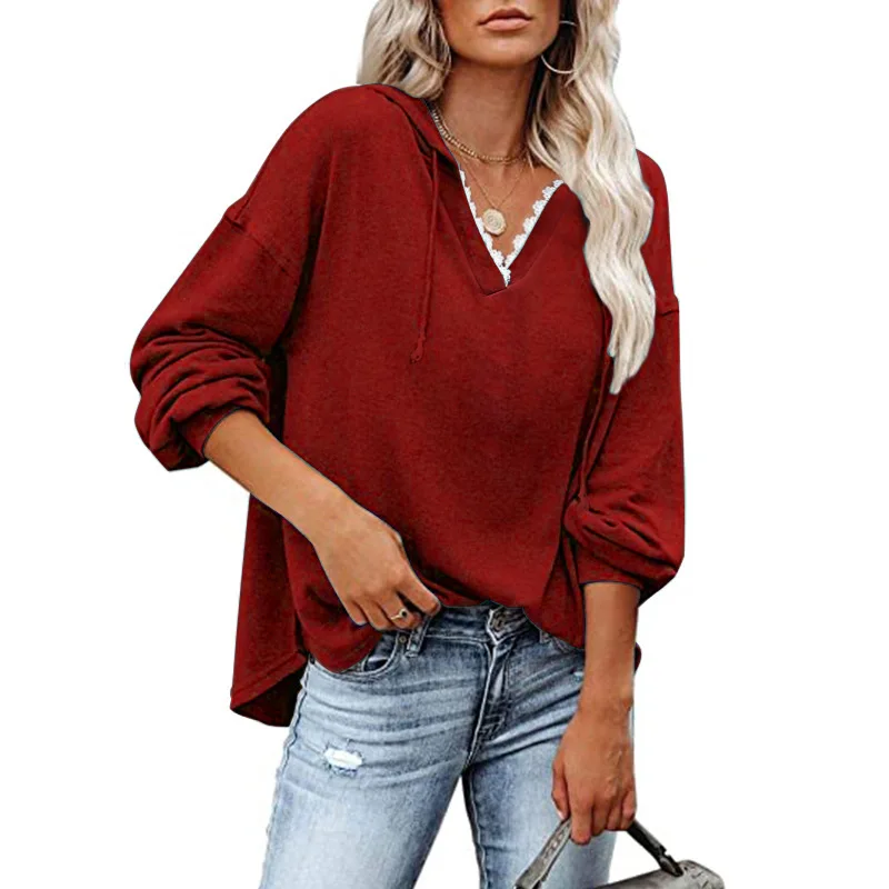 

2021 New Autumn Long Sleeve Hoodie Women Solid Casual Loose Lace Pullover Top Female Street Drawstring V Neck Tees Plus Size