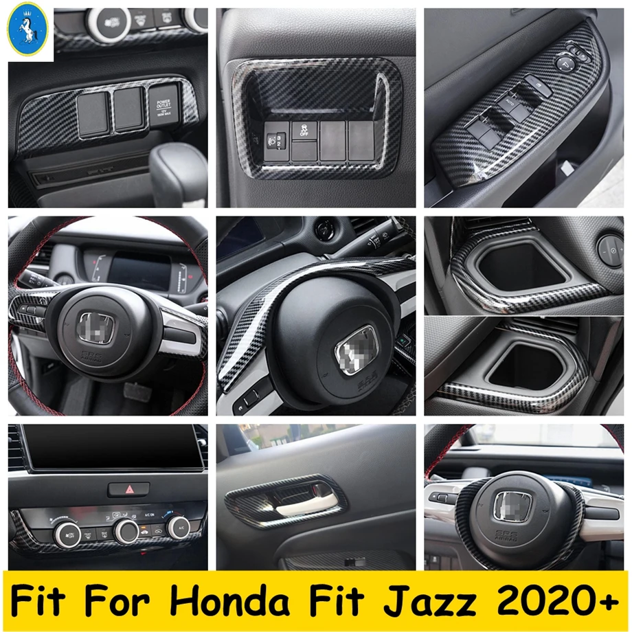 

Door Bowl Lift Button Gear Knob Steering Wheel Air AC Panel Cover Trim For Honda Fit Jazz GR 2020 - 2022 Carbon Fiber Interior