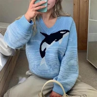 whale print v neck pullover sweaters women blue loose casual knitted jumpers preppy style autumn winter warm tops chic knitwear