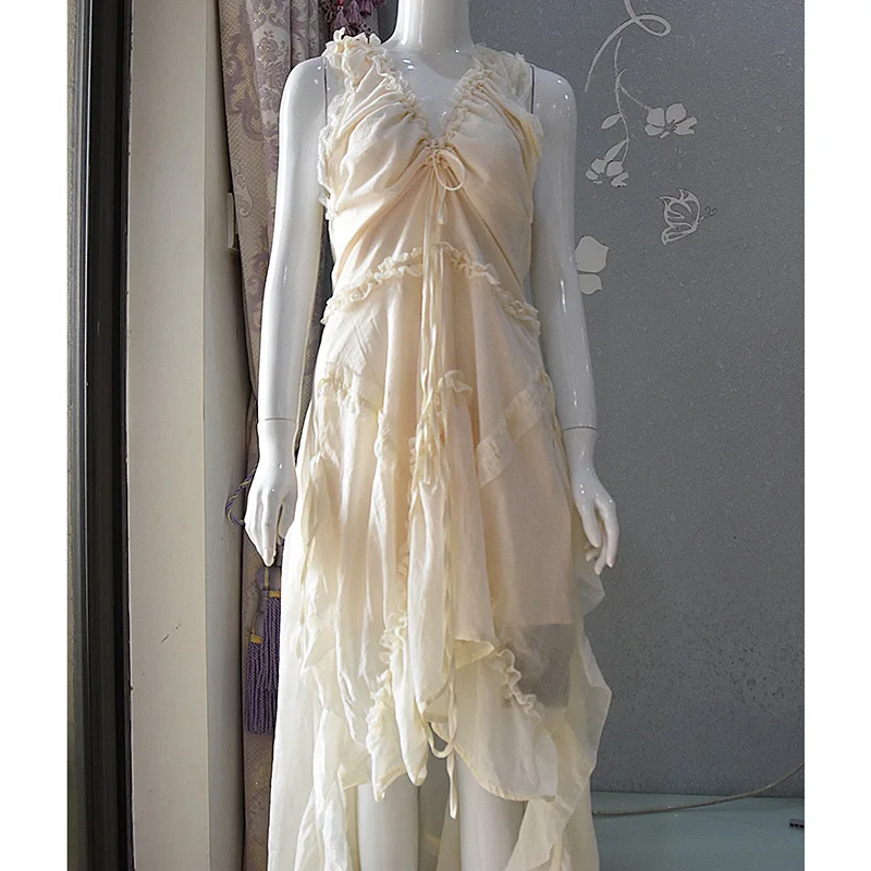 

2020 new summer Season Western Style White sleeveless Dress Woman Overknee and square collar drawsrting waist jacke