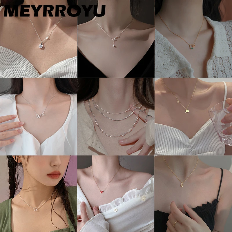 

MEYRROYU Sterling Silver Popular Beautiful Small Pendant Sweet Romantic Women Clavicle Chain Exquisite Engagement Necklace 925