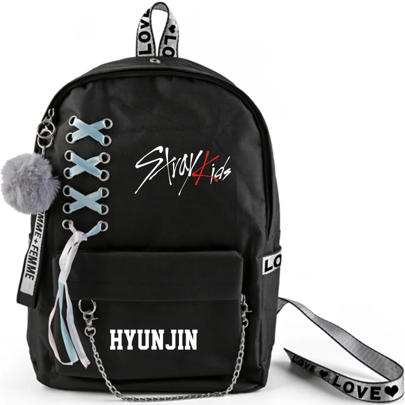 HYUNJIN Kpop Stray Kids рюкзак большой емкости школьные сумки с перекрещивающимися лентами плюшевый шар подвеска страй Детская сумка вентиляторы коллекция - Цвет: HYUNJIN