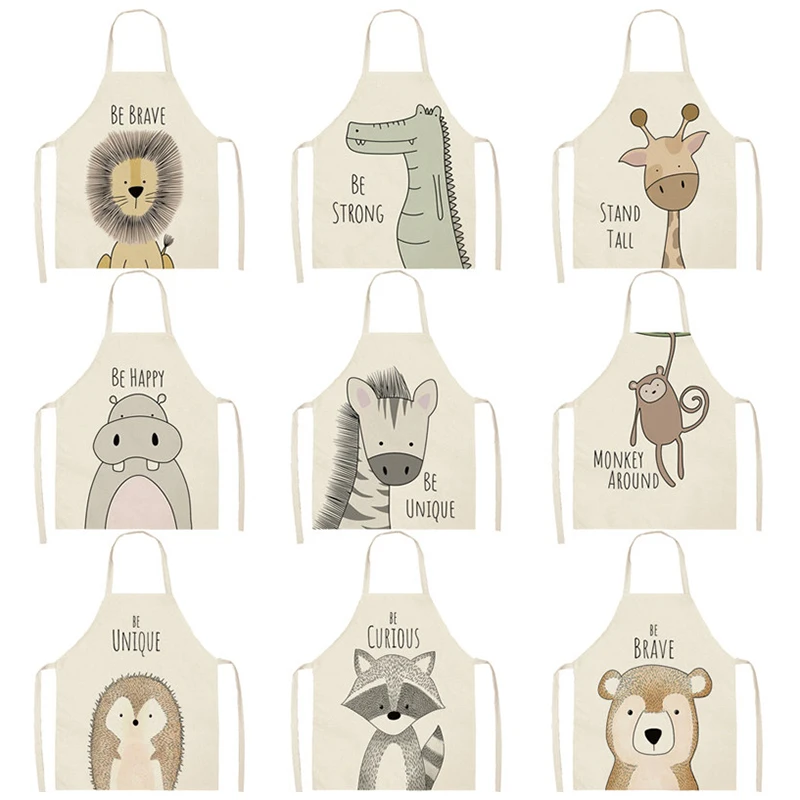 

Kitchen Cooking Apron Animal Printed Cotton Linen Aprons for Lion Elk Bear Fox Women Sleeveless Baking Bibs