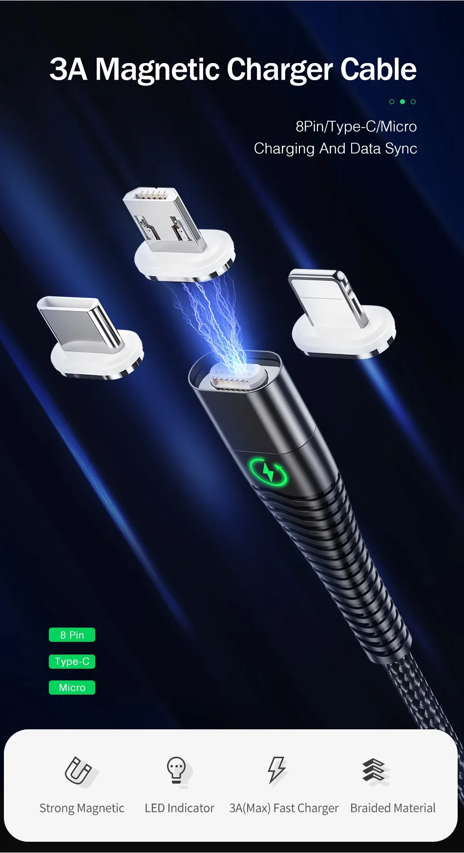 YKZ Магнитный кабель Micro type C светодиодный светильник 3 А Быстрая зарядка Магнитный USB C кабель для iphone samsung Xiaomi кабель для передачи данных