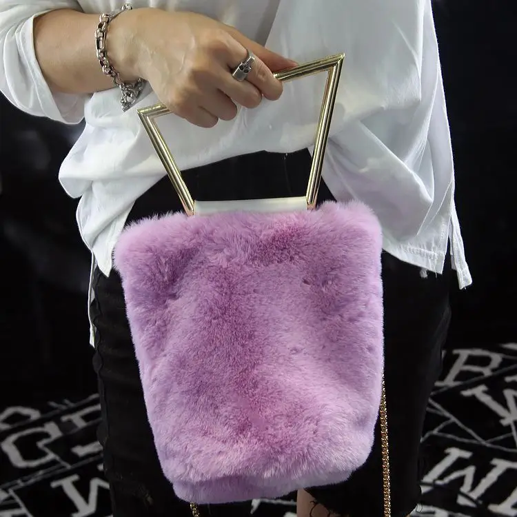 Winter Fashion Irregular Metal Handle Bag Candy Color Mini Bucket Women Faux Rabbit Fur Evening Shoundbag  Chain Crossbody Purse