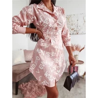 spring and autumn letters print long sleeve lapel single breasted womens shirt dress