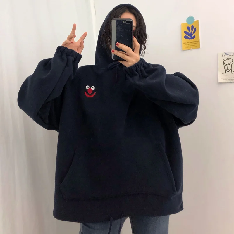

Cartoon Plus Velvet Pockets Oversize Sweatshirts Women Women's Autumn Hooded Hoodies Sweatshirt Spring Embroidered Sweatshirts