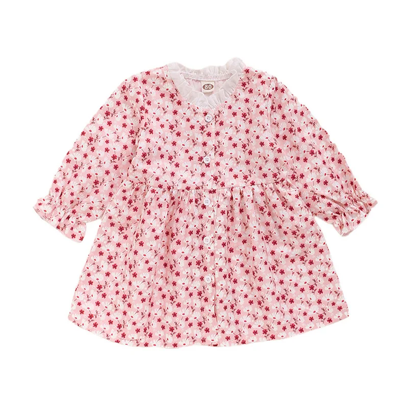 

Baby Girls Summer Dress Kids Long Sleeve Floral Cotton Button Up Casual Clothes