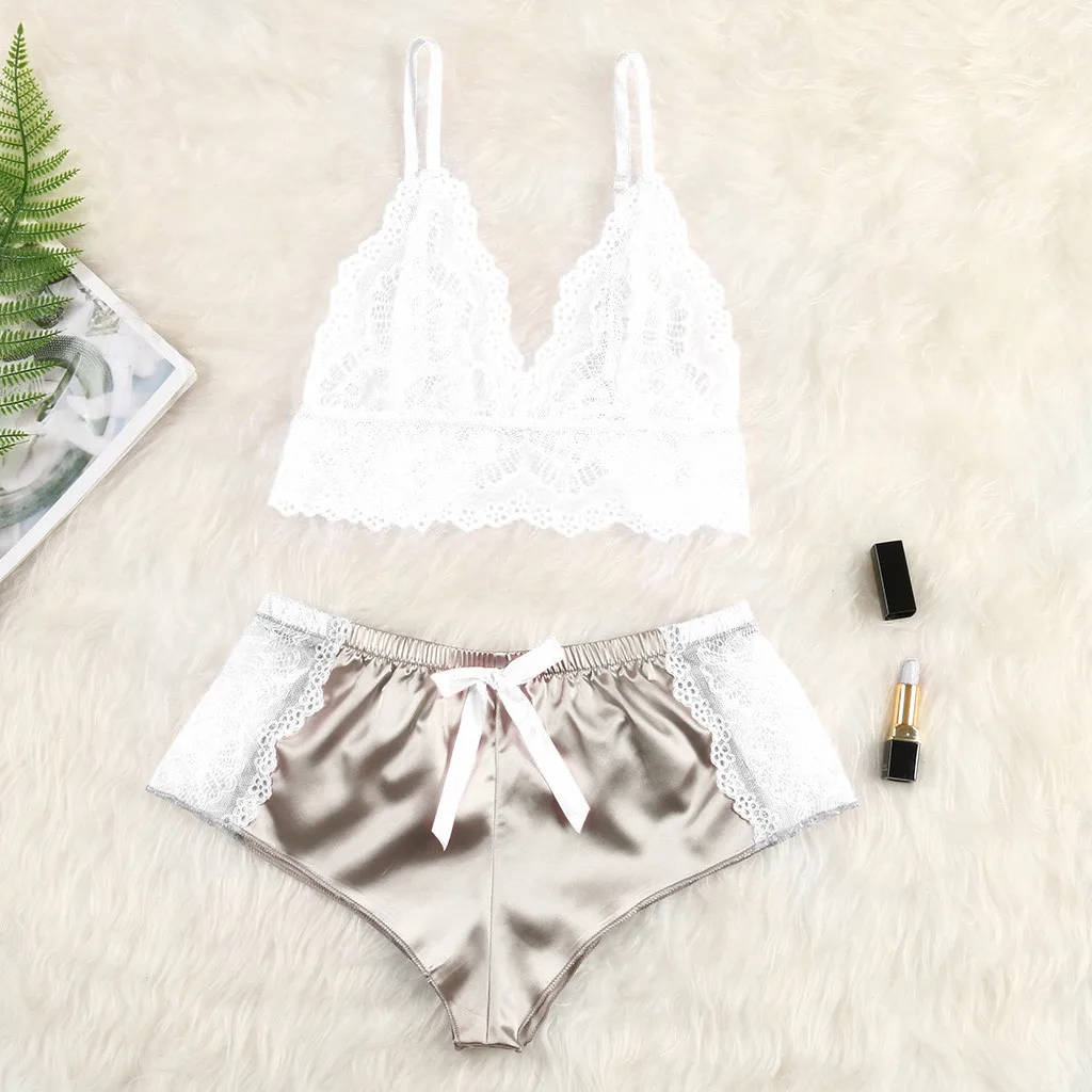 

Women Pajamas Set V-Neck Sexy Fun Bra Satin Lace Edge No Rims Underwear Camisole Pajamas Bowknot Shorts Set Sleepwear