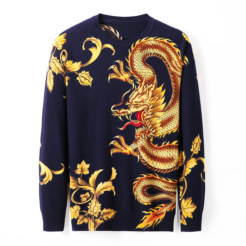 Autumn Sweater Men Jersey Clothing Black Gold Dragon Print Sweater Pullover For Men Casual Club Party Dj Clothing