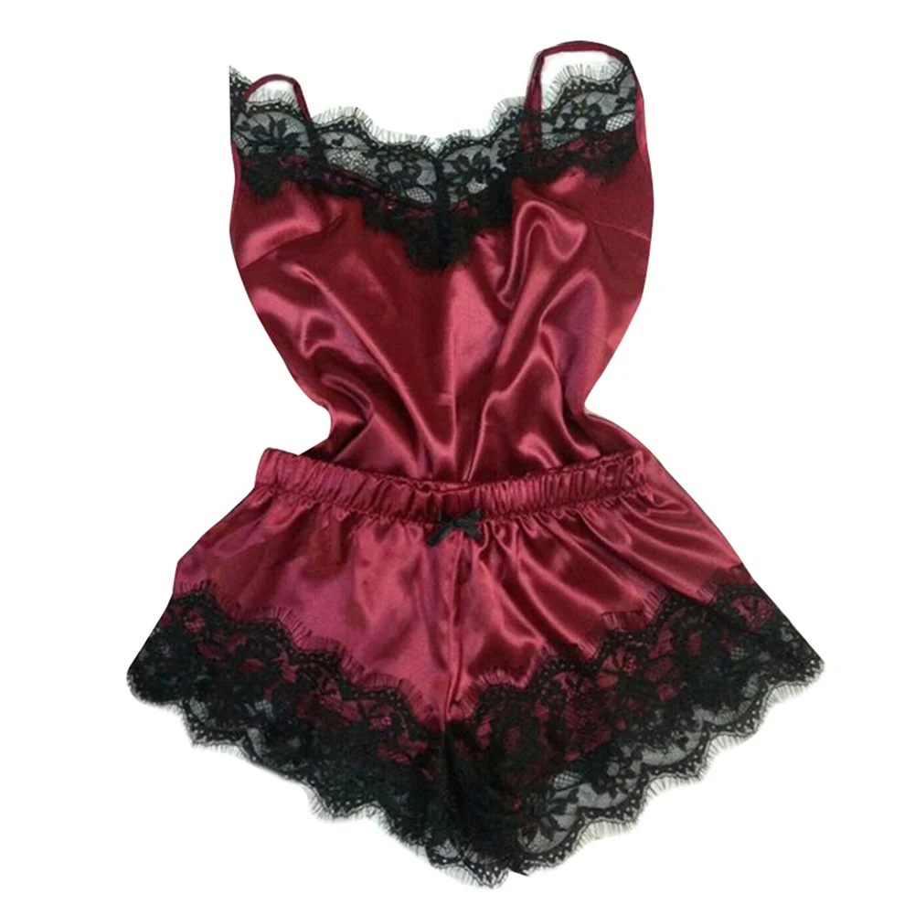 

2pcs/Set Women Satin Lace Sleepwear Ladies Lingerie Nightdress Pajamas Set BMF88