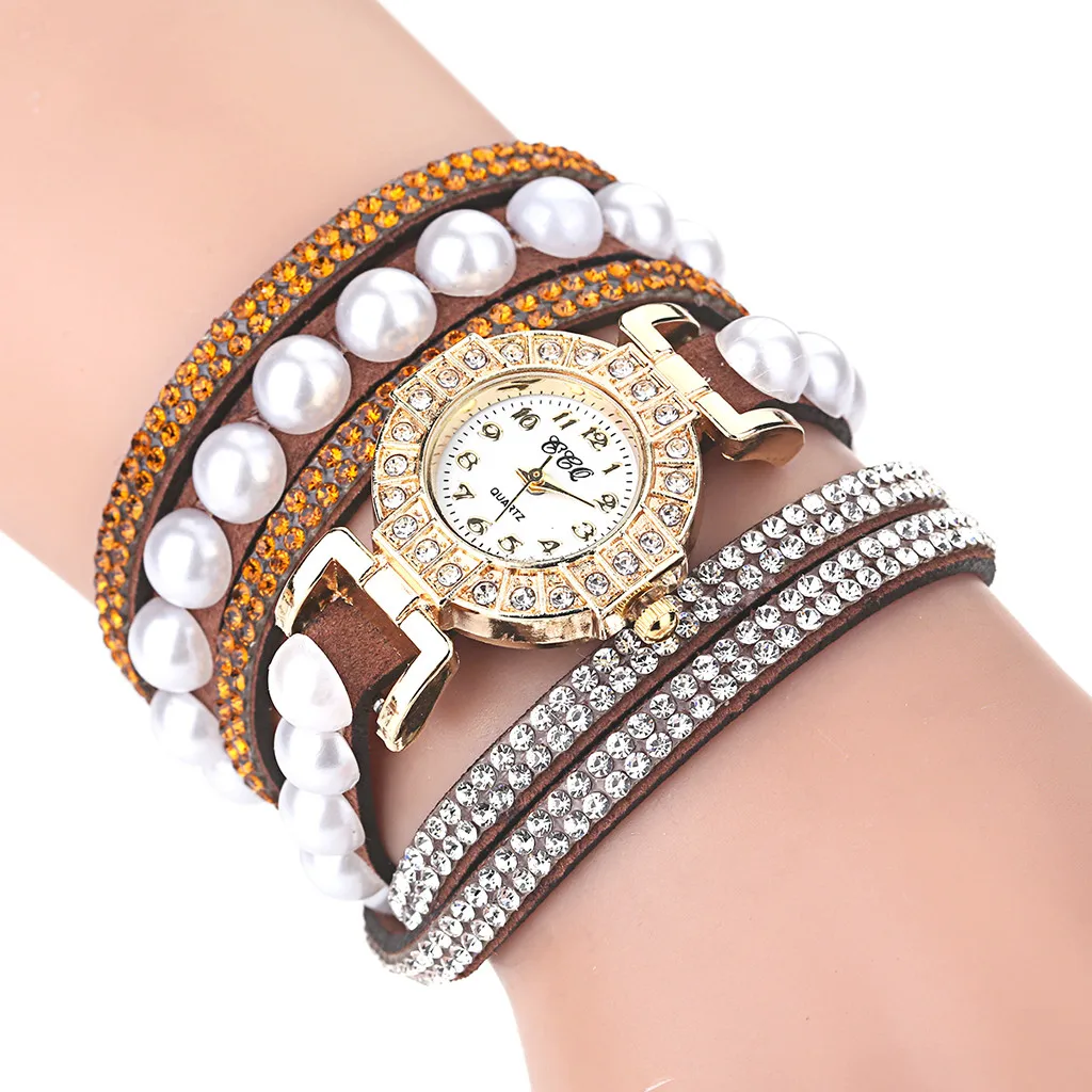 Винтажные женские блестящие часы с жемчугом повседневные браслетом модные