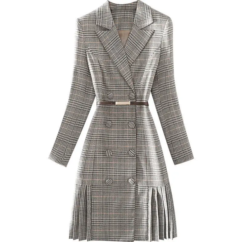 

Large Size Women 's Clothing 2021 Spring and Autumn New Elegant Suit Collar Tartan Skirt Fat Sister Long-Sleeved Dress Fashion