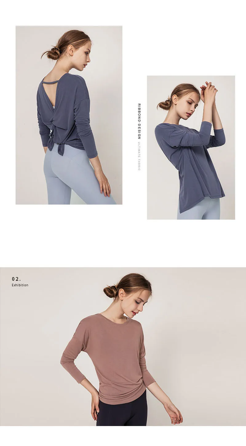 Long Sleeve Women Yoga Tops Open Back Running Clothes Pilates Loose Workout Sportswear Quick Dry Dance Shirts for Gym Fitness